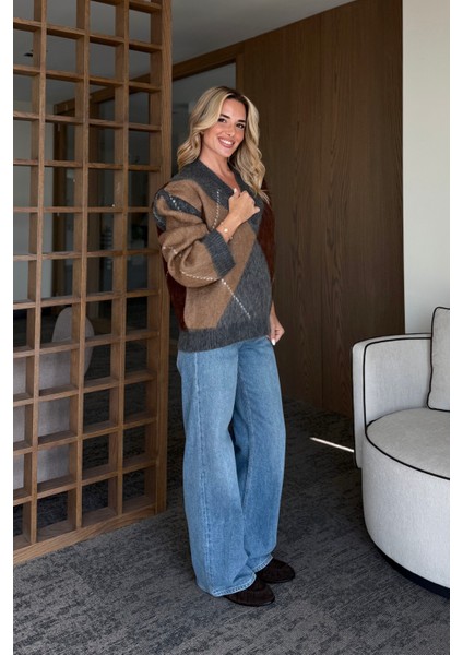 Antrasit - Kahverengi Baklava Desenli Kazak - 25799 indirimleri