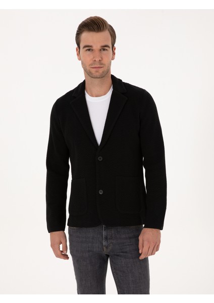 Erkek Siyah Slim Fit Pamuk Karışımlı Triko Hırka 50314760-VR046