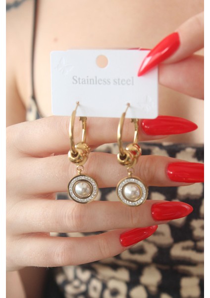 316L Çelik Gold Renk Halka Model Zirkon Taş Incili Kadın Küpe