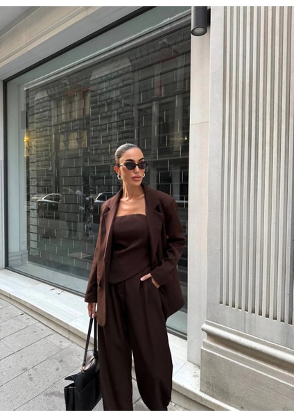 Ceket Straplez Bluz ve Palazzo Pantolon 3lü Takım