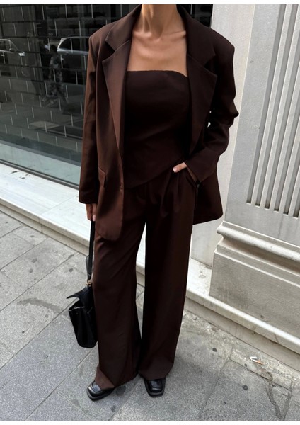 Ceket Straplez Bluz ve Palazzo Pantolon 3lü Takım fiyatları