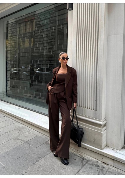 Ceket Straplez Bluz ve Palazzo Pantolon 3lü Takım modelleri