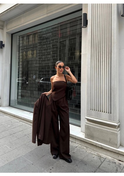 Ceket Straplez Bluz ve Palazzo Pantolon 3lü Takım indirimleri