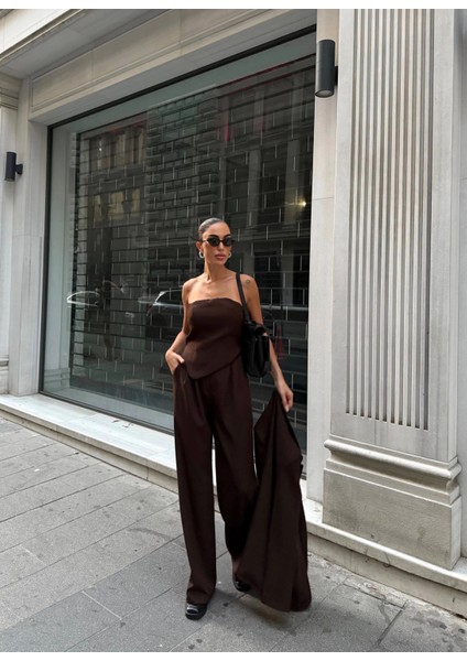 Ceket Straplez Bluz ve Palazzo Pantolon 3lü Takım