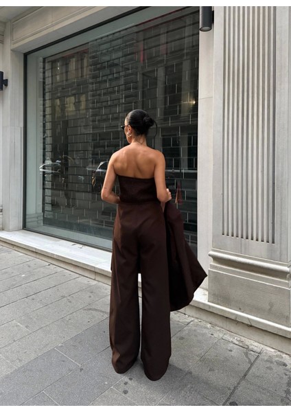 Ceket Straplez Bluz ve Palazzo Pantolon 3lü Takım