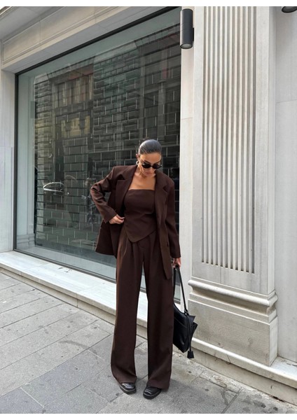 Ceket Straplez Bluz ve Palazzo Pantolon 3lü Takım