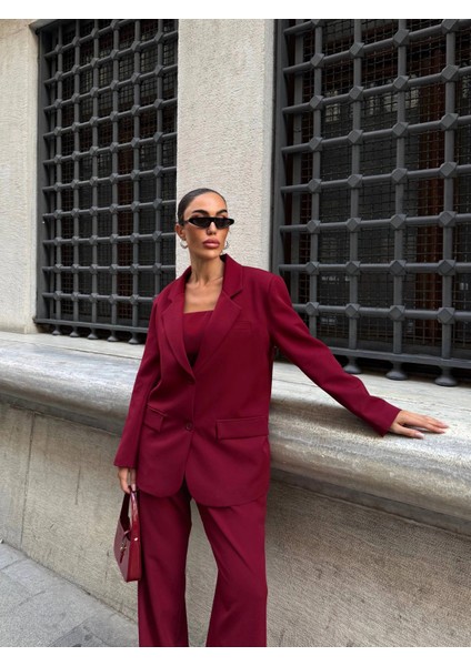 Ceket Straplez Bluz ve Palazzo Pantolon 3lü Takım