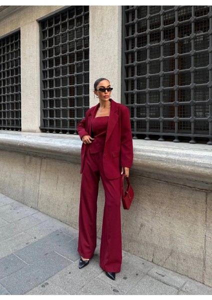 Ceket Straplez Bluz ve Palazzo Pantolon 3lü Takım