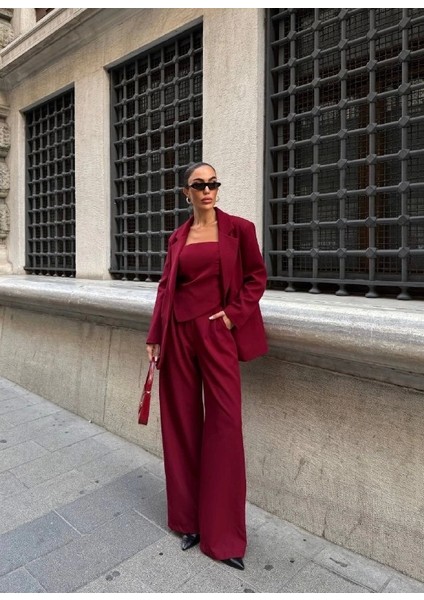 Ceket Straplez Bluz ve Palazzo Pantolon 3lü Takım