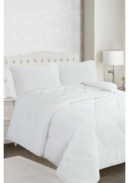 Ece Stripe Çift Kişilik Pelüş Yatak Örtüsü Krem