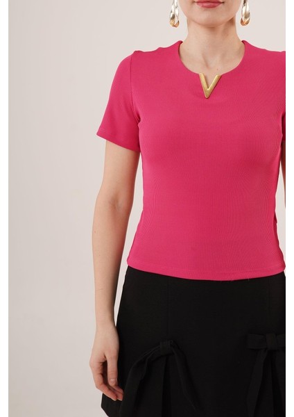 Kısa Kollu Yaka Detaylı Kaşkorse Fuşya Bluz modelleri