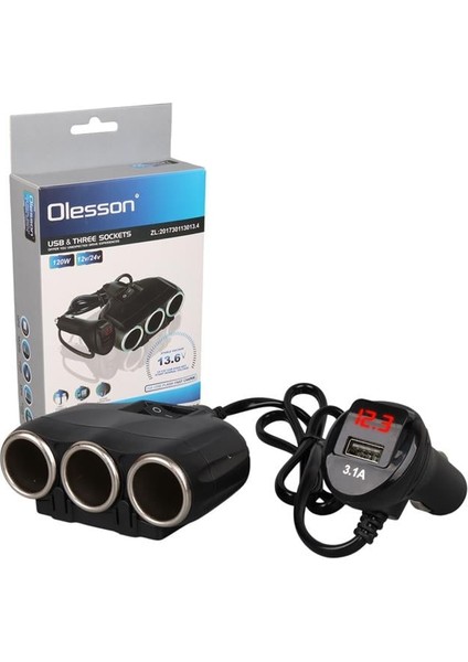 Olesson 1634 12-24V Tek USB Girişli 120W 80CM Kablolu Dijital Voltaj Ekranlı 3'lü Araç Çakmak Çoklayıcı