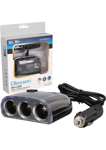Olesson 1505 12-24V Çift USB Girişli 120W 80CM Kablolu 3'lü Araç Çakmak Çoklayıcı