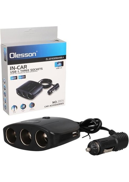 Olesson 1635 12-24V Çift USB Girişli 100W 70 cm Kablolu 3'lü Araç Çakmak Çoklayıcı 100X66X40MM