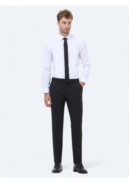 Siyah Düz Dokuma Slim Fit Klasik Yün Karışımlı Pantolon