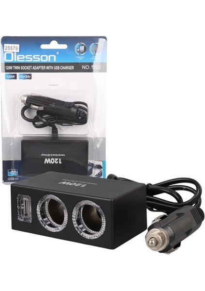 Olesson 1522 12-24V Tek USB Girişli 120W 80CM Kablolu 2'li Araç Çakmak Çoklayıcı