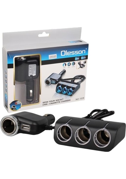Olesson 1528 12-24V Tek USB Girişli 120W 80CM Kablolu 3'lü Araç Çakmak Çoklayıcı