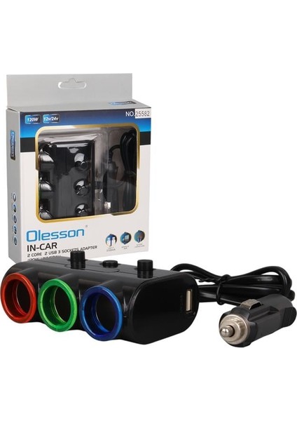 Olesson 1523 12-24V Çift USB Girişli 120W 80CM Kablolu 3'lü Araç Çakmak Çoklayıcı fırsatları
