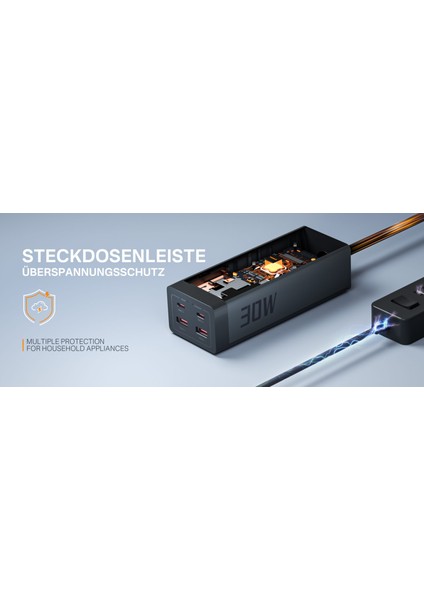 30W Gan Çoklu Priz – Usb-C & Usb-A Hızlı Şarj – 2 Ac Prizli Akım Korumalı Uzatma Kablosu (2m)