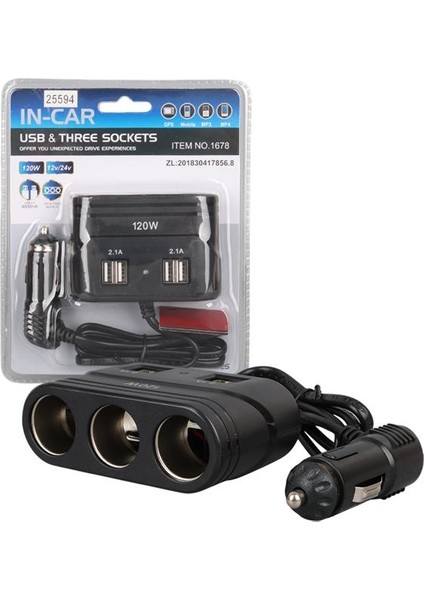 Olesson 1678 12-24V 4 USB Girişli 120W 80CM Kablolu 3'lü Araç Çakmak Çoklayıcı