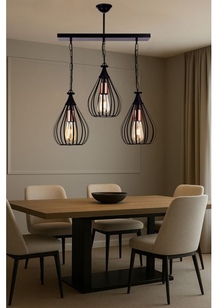 Kafes 3’lü Sıralı Avize Siyah – Metal Sarkıt, Rustik Ampul Uyumlu, Modern Tasarım, E27 Duylu