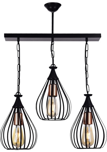 Kafes 3’lü Sıralı Avize Siyah – Metal Sarkıt, Rustik Ampul Uyumlu, Modern Tasarım, E27 Duylu fiyatları