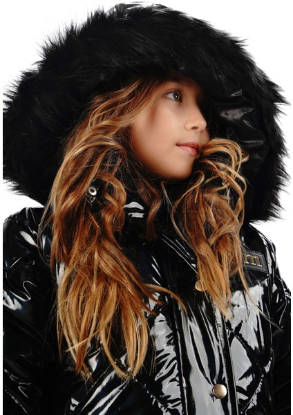 Parlak Kız Çocuk Siyah Kürk Kapüşonlu Mont Su ve Rüzgar Geçirmez Içi Welsoftlu