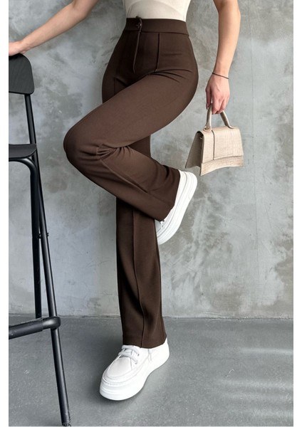Kadın Kahverengi Yüksek Bel Toparlayıcı Ispanyol Paça Palazzo Pantolon