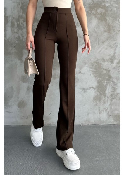 Kadın Kahverengi Yüksek Bel Toparlayıcı Ispanyol Paça Palazzo Pantolon