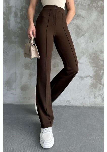 Kadın Kahverengi Yüksek Bel Toparlayıcı Ispanyol Paça Palazzo Pantolon