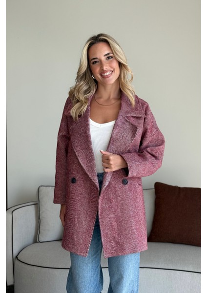 Bordo 1. Sınıf Kalite Balık Sırtı Oversize Kaşe Kaban
