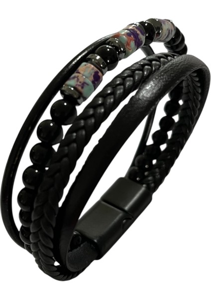 Erkek Bileklik Mıknatıslı Suni Deri Boncuk Taşlı Charm Hasır Örgü Bileklik