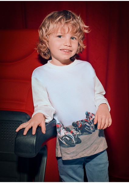 4-10 Yaş Erkek Çocuk Motosiklet Yarışı Baskılı Bisiklet Yaka Uzun Kollu T-Shirt | %100 Pamuk