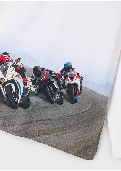 4-10 Yaş Erkek Çocuk Motosiklet Yarışı Baskılı Bisiklet Yaka Uzun Kollu T-Shirt | %100 Pamuk