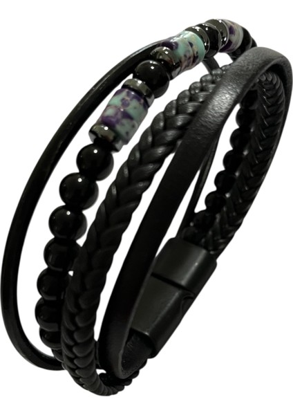 Erkek Bileklik Mıknatıslı Suni Deri Boncuk Taşlı Charm Hasır Örgü Bileklik