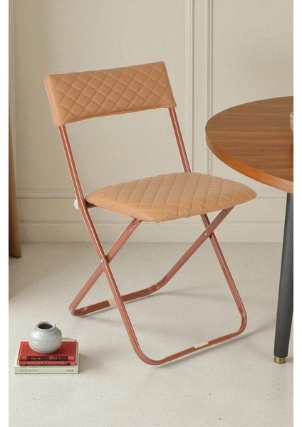 Anatolia Metal Gövdeli Deri Kapitone Sandalye Katlanır Mutfak Bahçe Sandalyesi Kahve