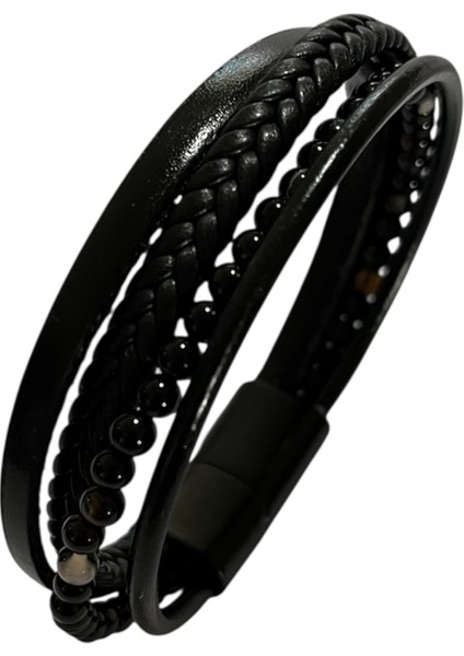 Erkek Bileklik Mıknatıslı Suni Deri Boncuk Taşlı Charm Hasır Örgü Bileklik