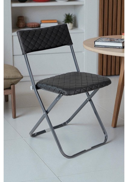 Anatolia Metal Gövdeli Deri Kapitone Sandalye Katlanır Mutfak Bahçe Sandalyesi Siyah