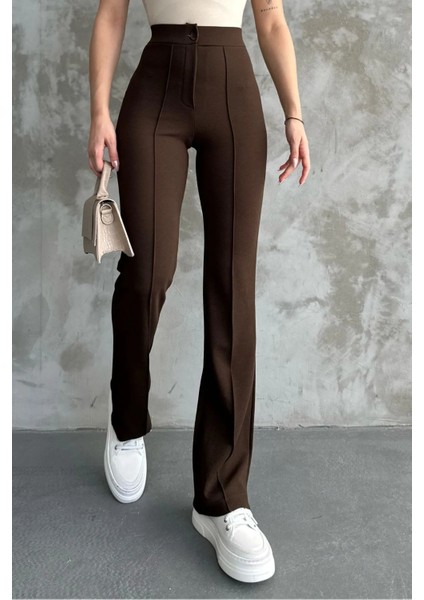 Kadın Kahverengi Yüksek Bel Toparlayıcı Ispanyol Paça Palazzo Pantolon