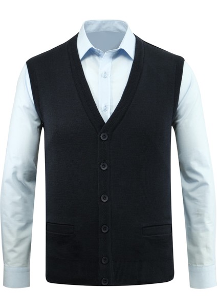 Erkek Büyük Beden Düğmeli Yelek Triko Cepli Çelik Örgü Klasik Kalıp - 5200LB