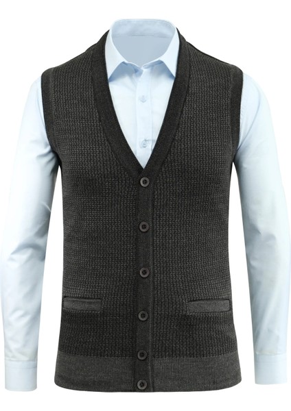 Erkek Büyük Beden Düğmeli Yelek Cepli Desenli Çelik Örgü Klasik Kalıp 5208LB