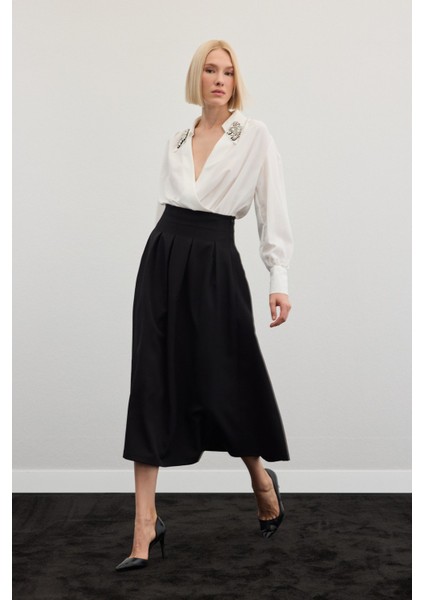 Pileli Midi Etek - Siyah