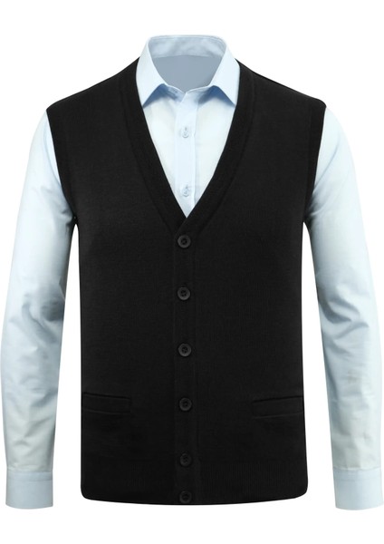 Erkek Büyük Beden Düğmeli Yelek Triko Cepli Çelik Örgü Klasik Kalıp - 5200LB