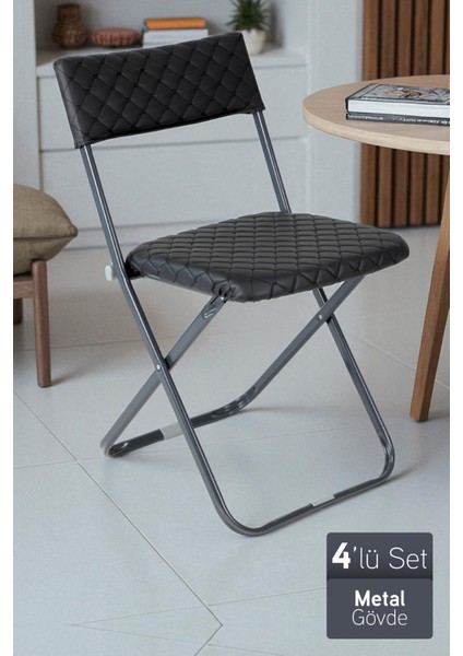 Anatolia Metal Gövdeli Deri Kapitone Sandalye Katlanır Mutfak Bahçe Sandalyesi 4 Adet Siyah