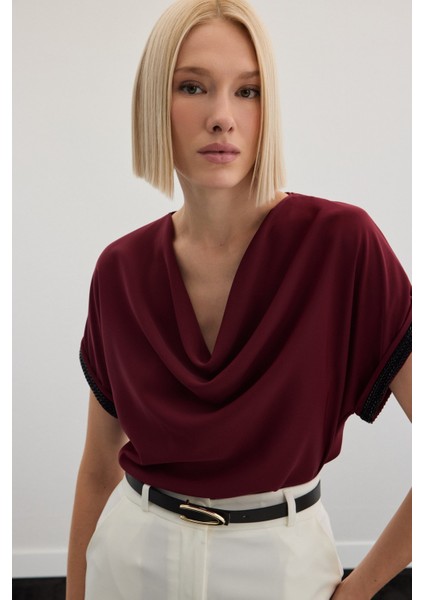 Kollar Taş Detaylı Salaş Bluz - Bordo