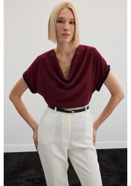 Kollar Taş Detaylı Salaş Bluz - Bordo fiyatları
