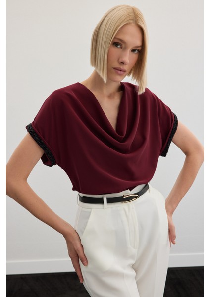 Kollar Taş Detaylı Salaş Bluz - Bordo modelleri