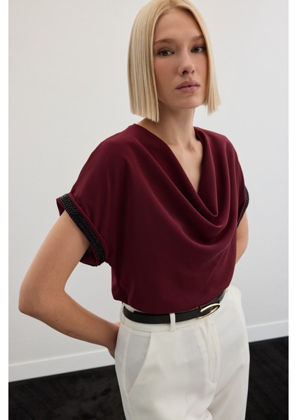 Kollar Taş Detaylı Salaş Bluz - Bordo fırsatları