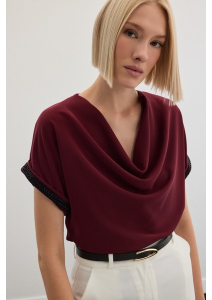 Kollar Taş Detaylı Salaş Bluz - Bordo indirimleri