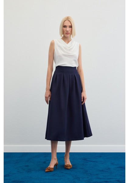 Pileli Midi Etek - Lacivert